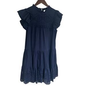 PINCH Navy Eyelet Ruffle Tiered Mini Dress Size S. Summer Beachy